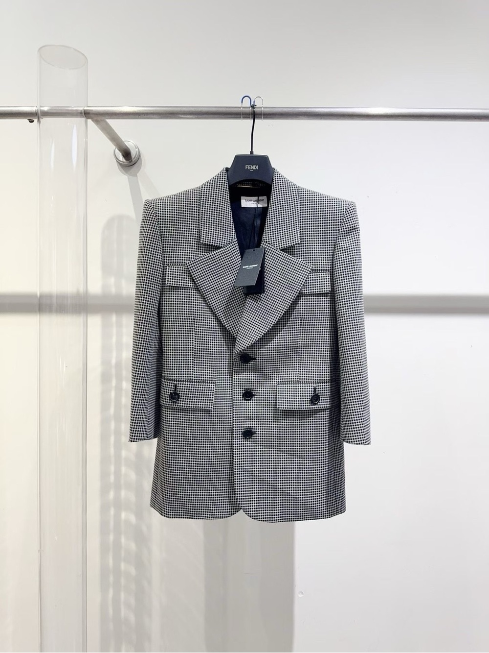 Saint Laurent Black & White Houndstooth Double-Breasted Blazer